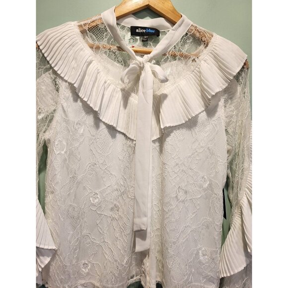 New White Chiffon Lace Ruffle Bow Neck Artsy Western Button Up Top Sz M - Picture 2 of 10